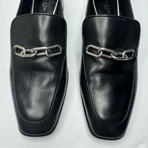 RAG & BONE Aslen Black Leather Loafer With Silver Chain Detail Square Toe Sz 40 - Picture 10 of 16